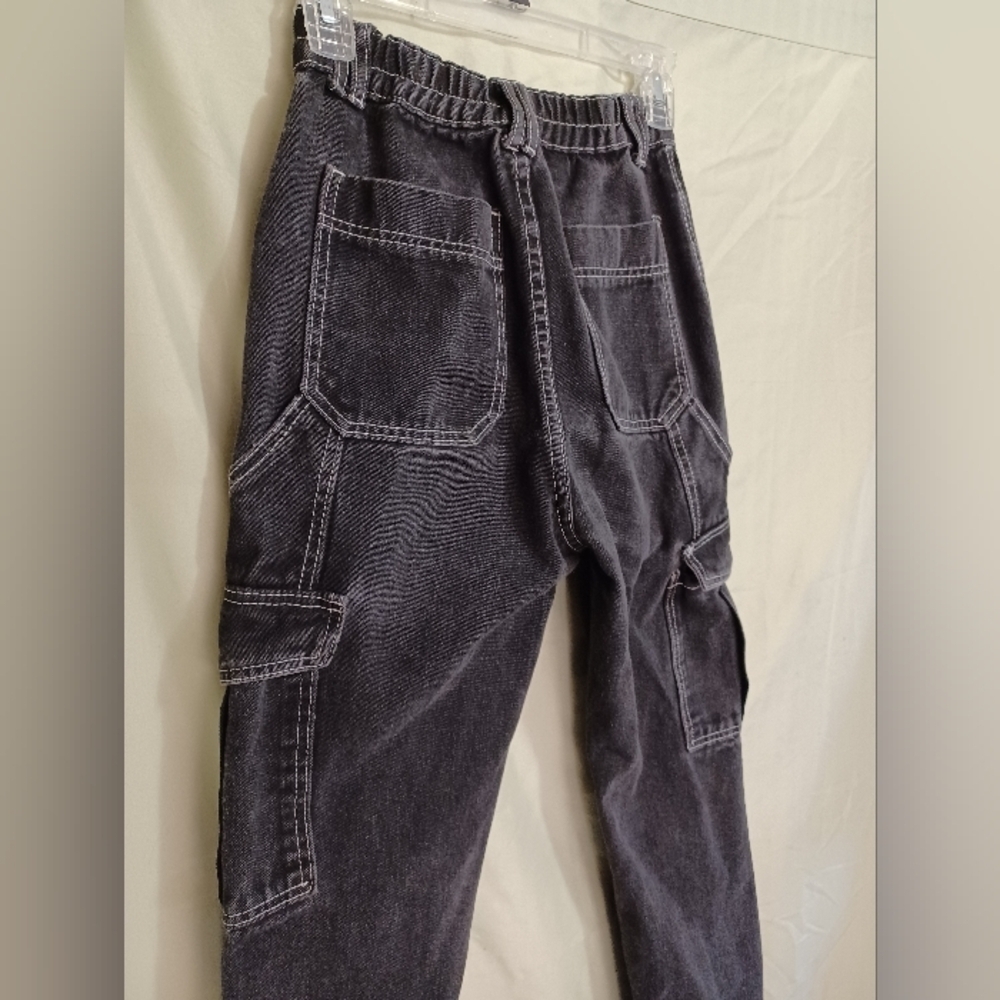 Black Cargo Jeans High Waist Wide Straight Leg Trousers - Picture 7 of 11
